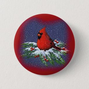 CHRISTMAS BIRD: CARDINAL: ART 2 INCH ROUND BUTTON