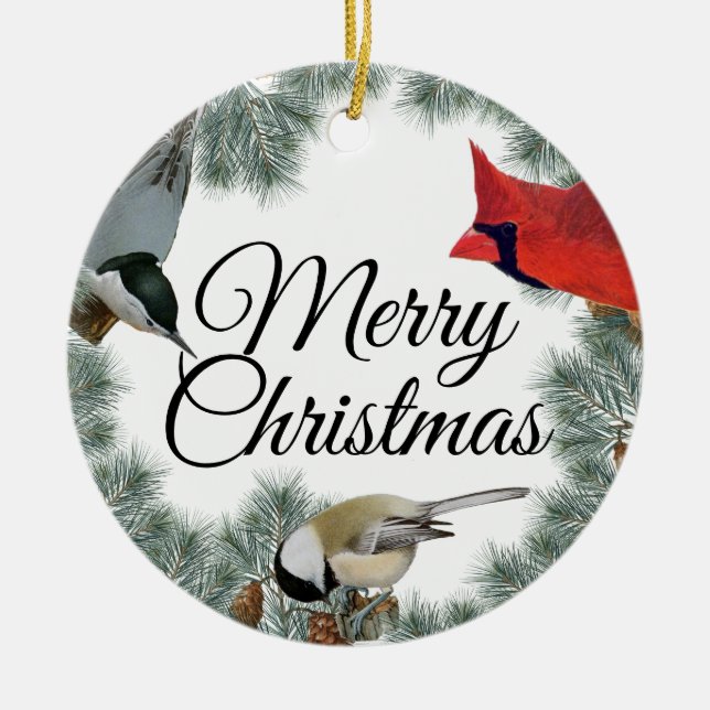 Christmas Bird Cardinal Nuthatch Chickadee Pine Ceramic Ornament (Front)