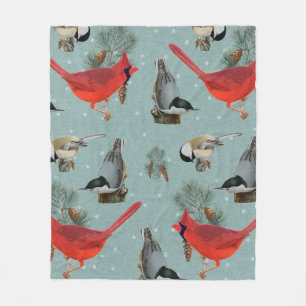 Christmas Bird Cardinal Nuthatch Chickadee Snow  Fleece Blanket