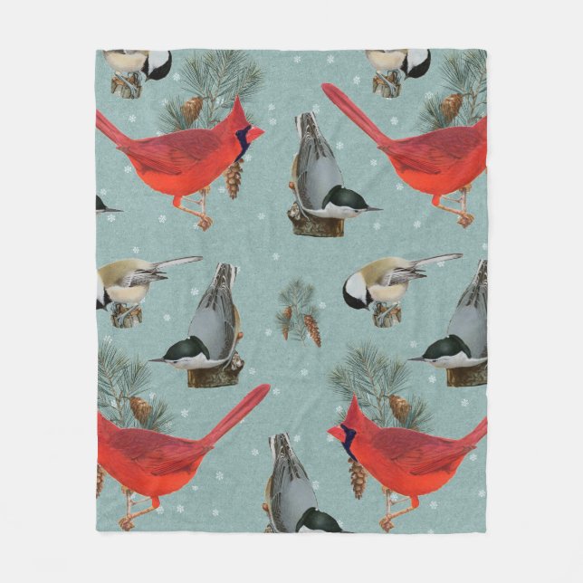 Christmas Bird Cardinal Nuthatch Chickadee Snow  Fleece Blanket (Front)