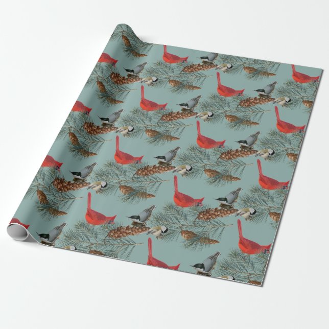Christmas Bird Cardinal Nuthatch Chickadee Teal Wrapping Paper (Unrolled)