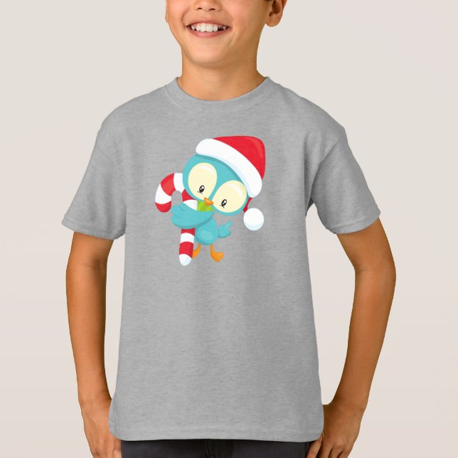 Christmas Bird, Cute Bird, Santa Hat, Candy Cane T-Shirt (Front)