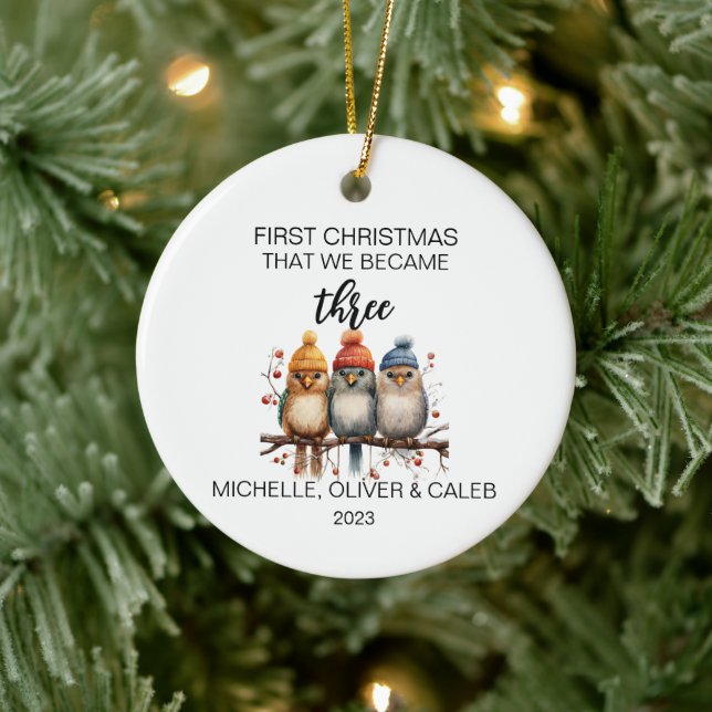 Christmas Bird Family of Three Ceramic Ornament (Tree)