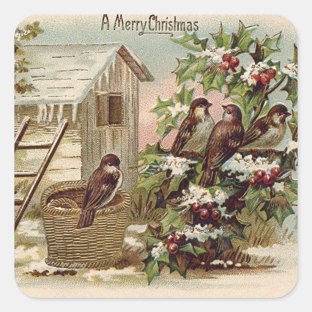 Christmas Bird Holly Snow Ladder Harvest Square Sticker (Front)