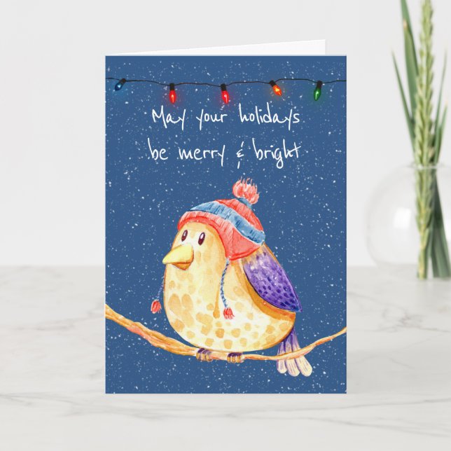 Christmas Bird in Snowflakes on Blue Card (Front)