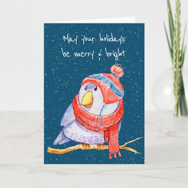Christmas Bird in Snowflakes on Blue Card (Front)