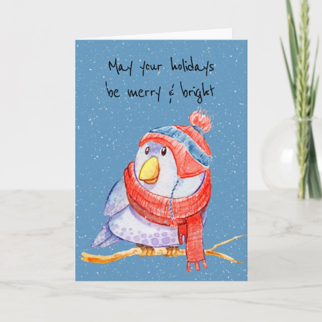 Christmas Bird in Snowflakes on Blue Card (Front)