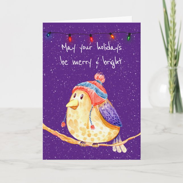 Christmas Bird in Snowflakes on Purple Card (Front)