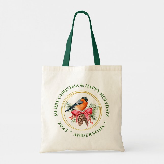 Christmas Bird on Christmas Bouquet Custom Text Tote Bag (Back)