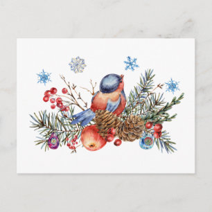 Christmas Bird, Red Berries and Snowflakes  Holiday Postcard