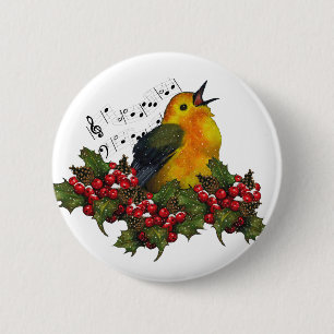 Christmas Bird Singing With Hollly, Berries 2 Inch Round Button