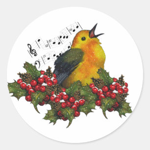 Christmas Bird Singing With Hollly, Berries Classic Round Sticker