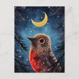Christmas Bird Snowy Night Moon Message Holiday Postcard