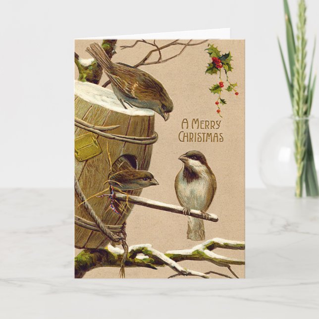 Christmas Bird Sparrow Birdhouse Holly Holiday Card (Front)