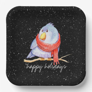 Christmas Bird with Scarf In Snowflakes  Paper Plate