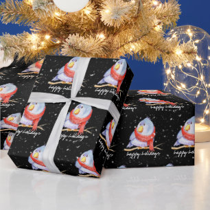 Christmas Bird with Scarf In Snowflakes Wrapping Paper
