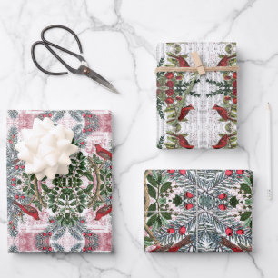 Christmas Birds and Evergreens gift wrap set