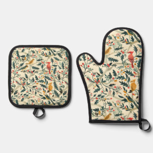 Christmas Birds and Leaves Oven Mitt & Pot Holder Set