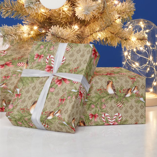 Christmas Birds and Pine Boughs and Candy Canes Wrapping Paper (Holidays)