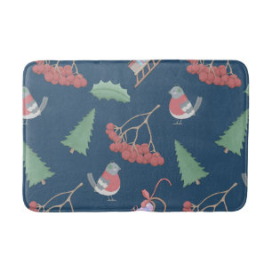 Christmas Birds and Sleds Blue Bath Mat