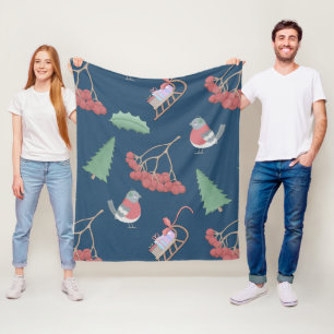 Christmas Birds and Sleds Blue Fleece Blanket