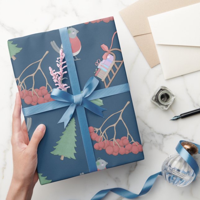 Christmas Birds and Sleds Blue Wrapping Paper (Creator Uploaded)