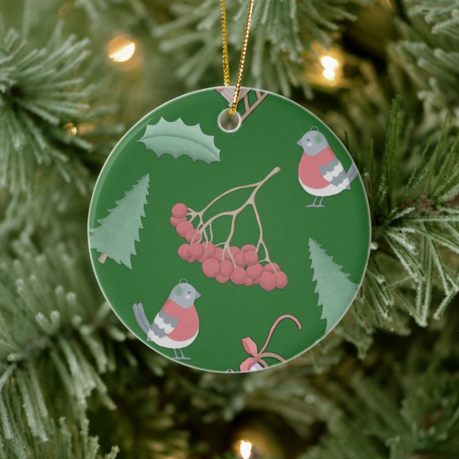 Christmas Birds and Sleds Green Ceramic Ornament (Tree)