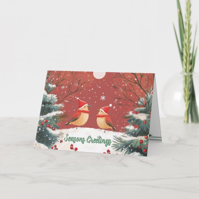 Christmas Birds in Hats Custom Folded Holiday Card (Front)