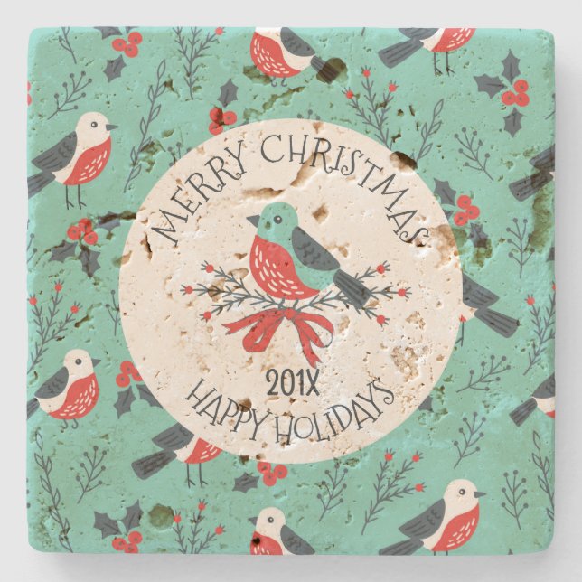 Christmas Birds Pattern Customizable Template Stone Coaster (Front)