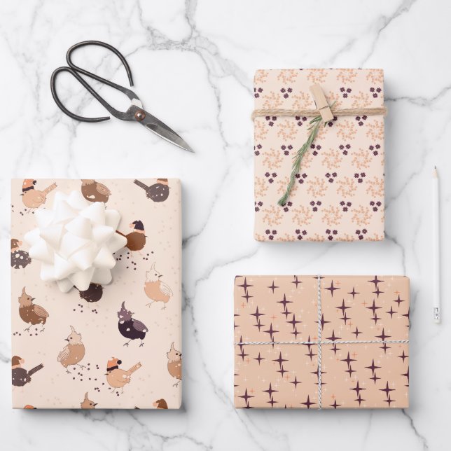Christmas birds, stars and berries on light wrapping paper sheet (Front)