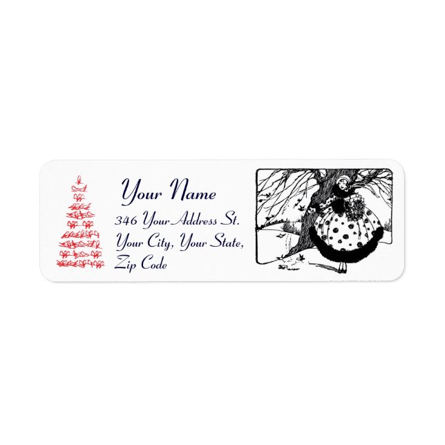 CHRISTMAS BIRDS TREE AND LADY Black White Red (Front)