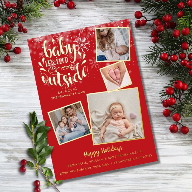 Christmas Birth Announcement Photo Gold Foil Card (Creator Uploaded)