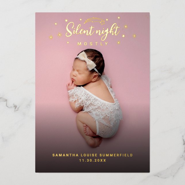 Christmas Birth Stats Baby Photos Gold Foil Holiday Card (Front)
