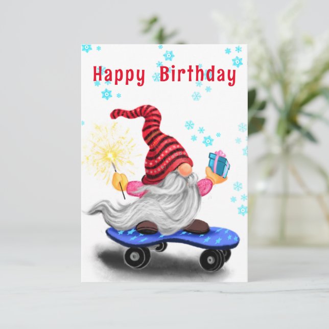 Christmas Birthday Card Skater Gnome with Gifts (Standing Front)