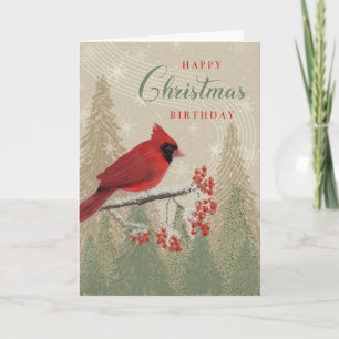 Christmas Birthday Cardinal Winter Trees Berries  Card