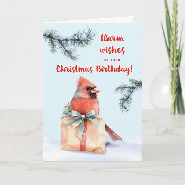 Christmas Birthday Cardinal with Gift Watercolor Card (Front)
