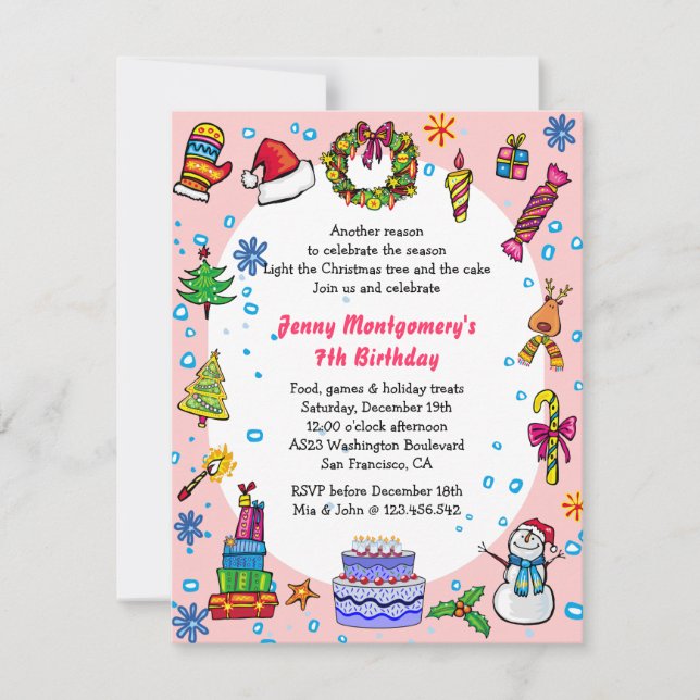 Christmas Birthday Party Invitation Baby Pink (Front)