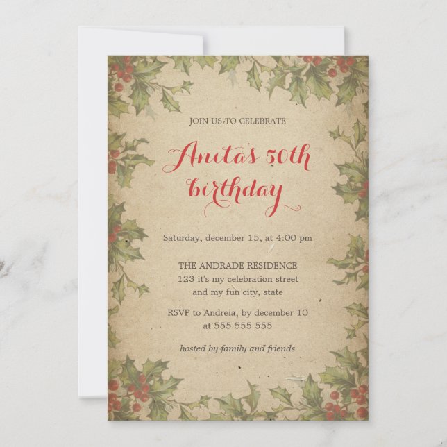 Christmas Birthday Party Vintage Holly Wreath 50th Invitation (Front)