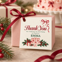 Christmas Birthday Pink Cake Bow Favour Tag