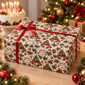 Christmas Birthday Tree and Cake Wrapping Paper