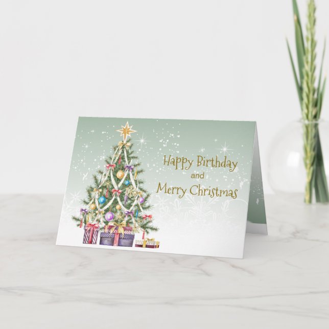 Christmas Birthday, tree with baubles, presents Holiday Card (Front)
