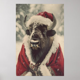 Christmas Bison Art Print, Retro Winter Animal Poster
