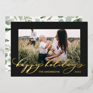 Christmas black 1 photo botanical script  foil holiday card