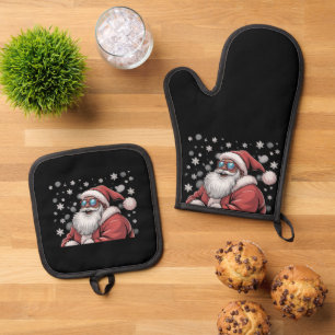 Christmas Black African American Santa Xmas  Oven Mitt & Pot Holder Set