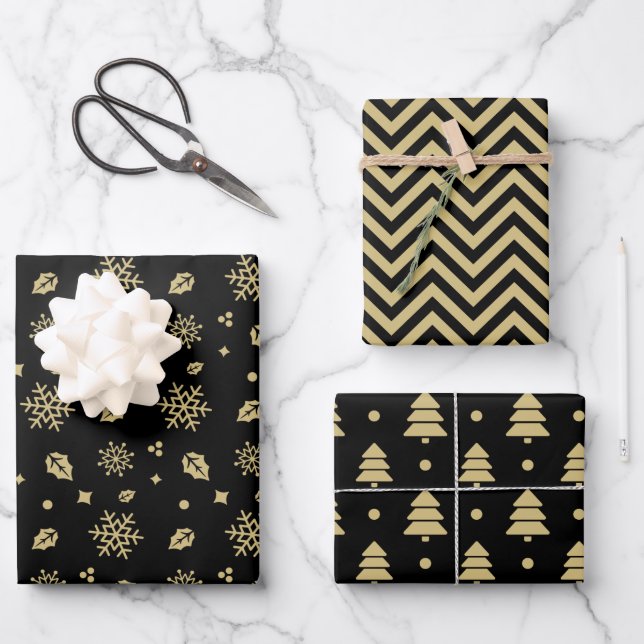 Christmas Black And Gold Snowflake Tree Pattern Wrapping Paper Sheet (Front)