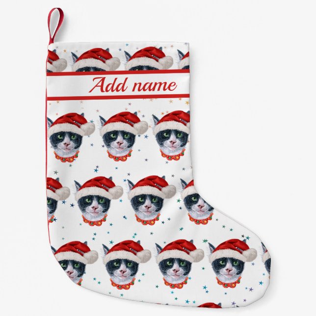 Christmas Black And White Cat Watercolor Small Christmas Stocking (Front)