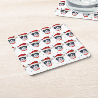 Christmas Black And White Cat Watercolor Square Paper Coaster