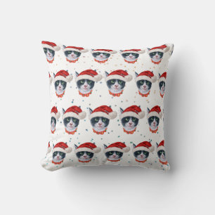 Christmas Black And White Cat Watercolor Throw Pillow