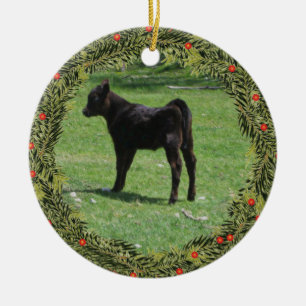 Christmas Black Angus Calf Ceramic Ornament