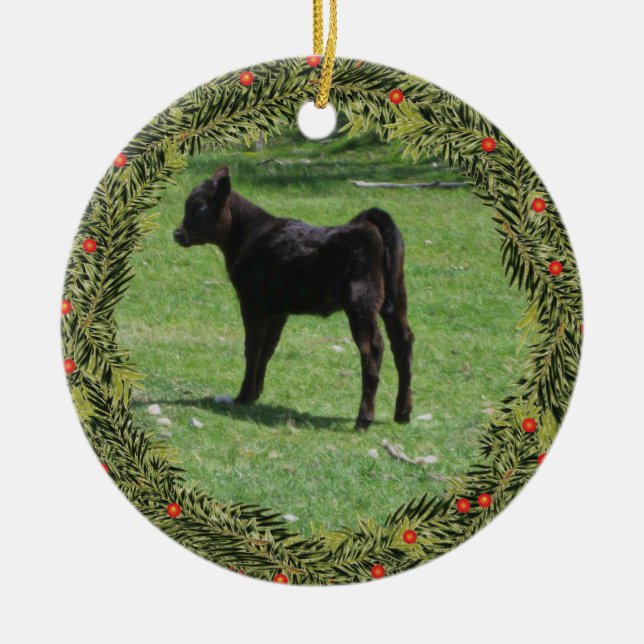 Christmas Black Angus Calf Ceramic Ornament (Front)